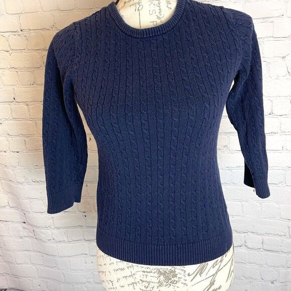 The Limited 3/4 Sleeve Navy Ribbed Sweater with Partial Zip Back - Picture 1 of 8